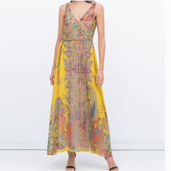 Zara Yellow Paisely V-neck Flowy Maxi Dress size Small - Picture 2 of 13